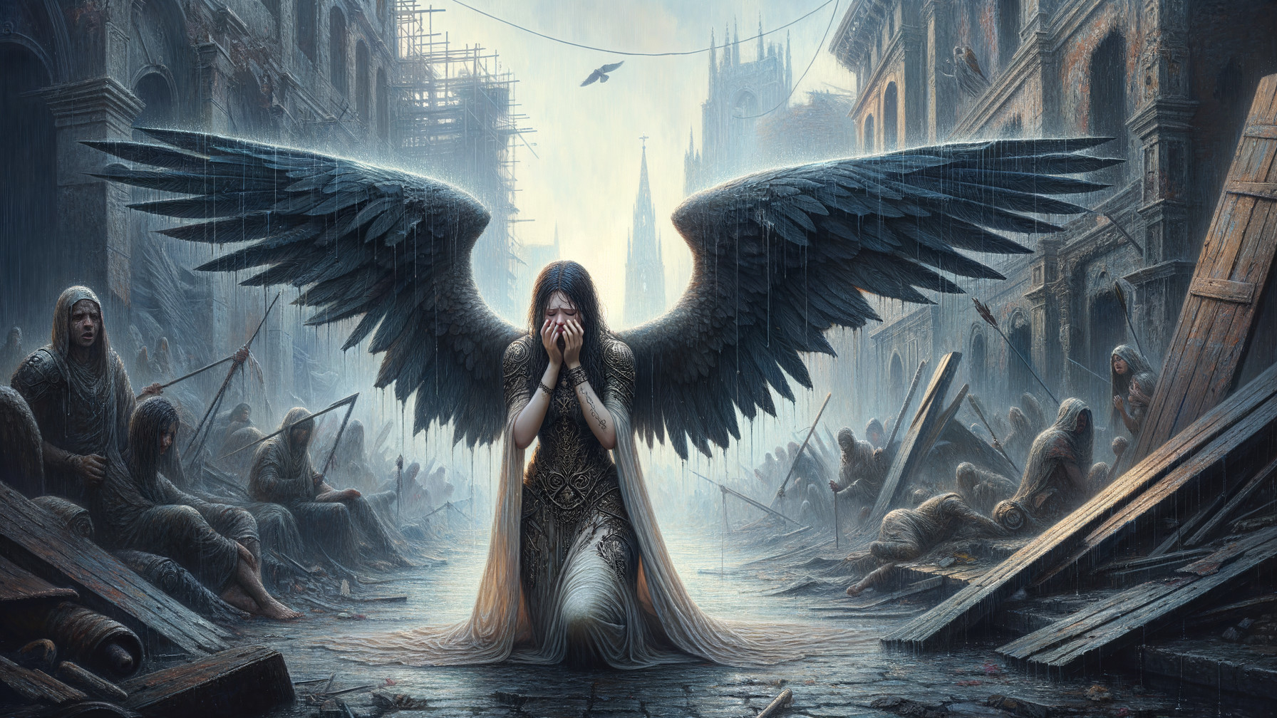 Digital painting of an angelic figure in a war-torn city