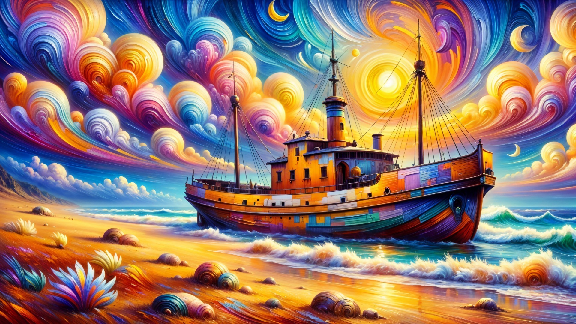 Surreal Tugboat on Sandy Beach with Vibrant Sky