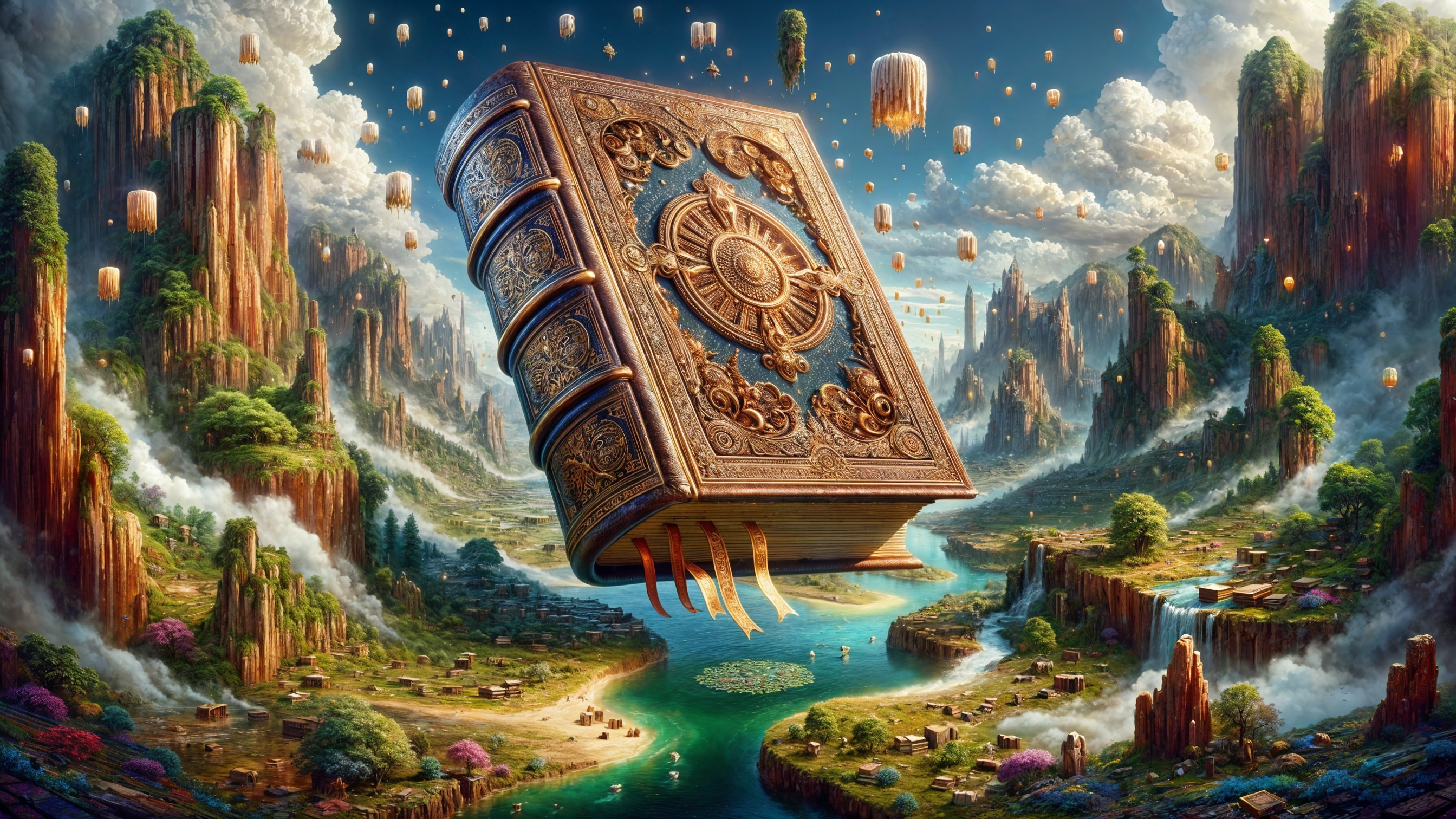 Majestic Book Above Serene Landscape with Lanterns