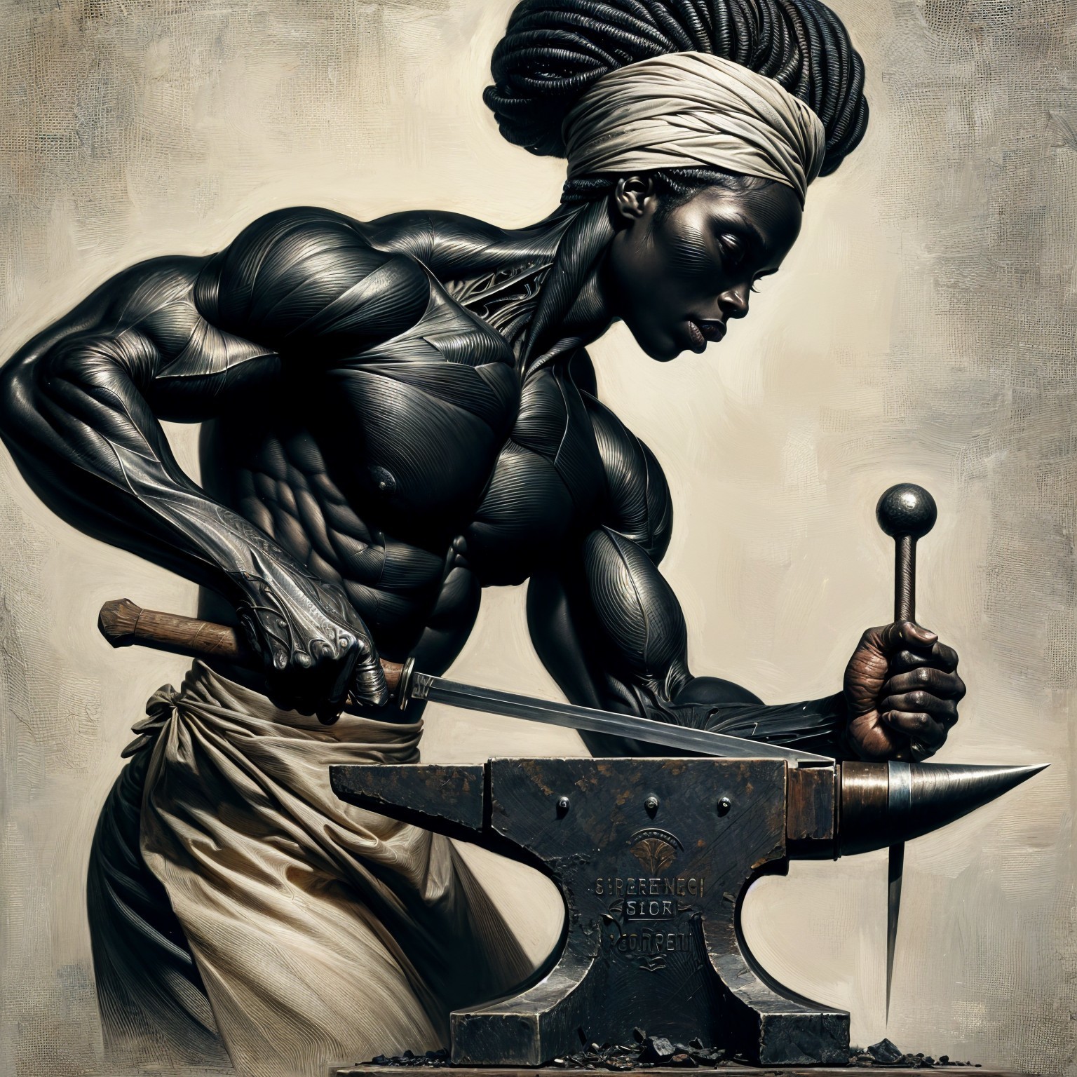 Muscular Figure Forging Metal at Anvil Scene