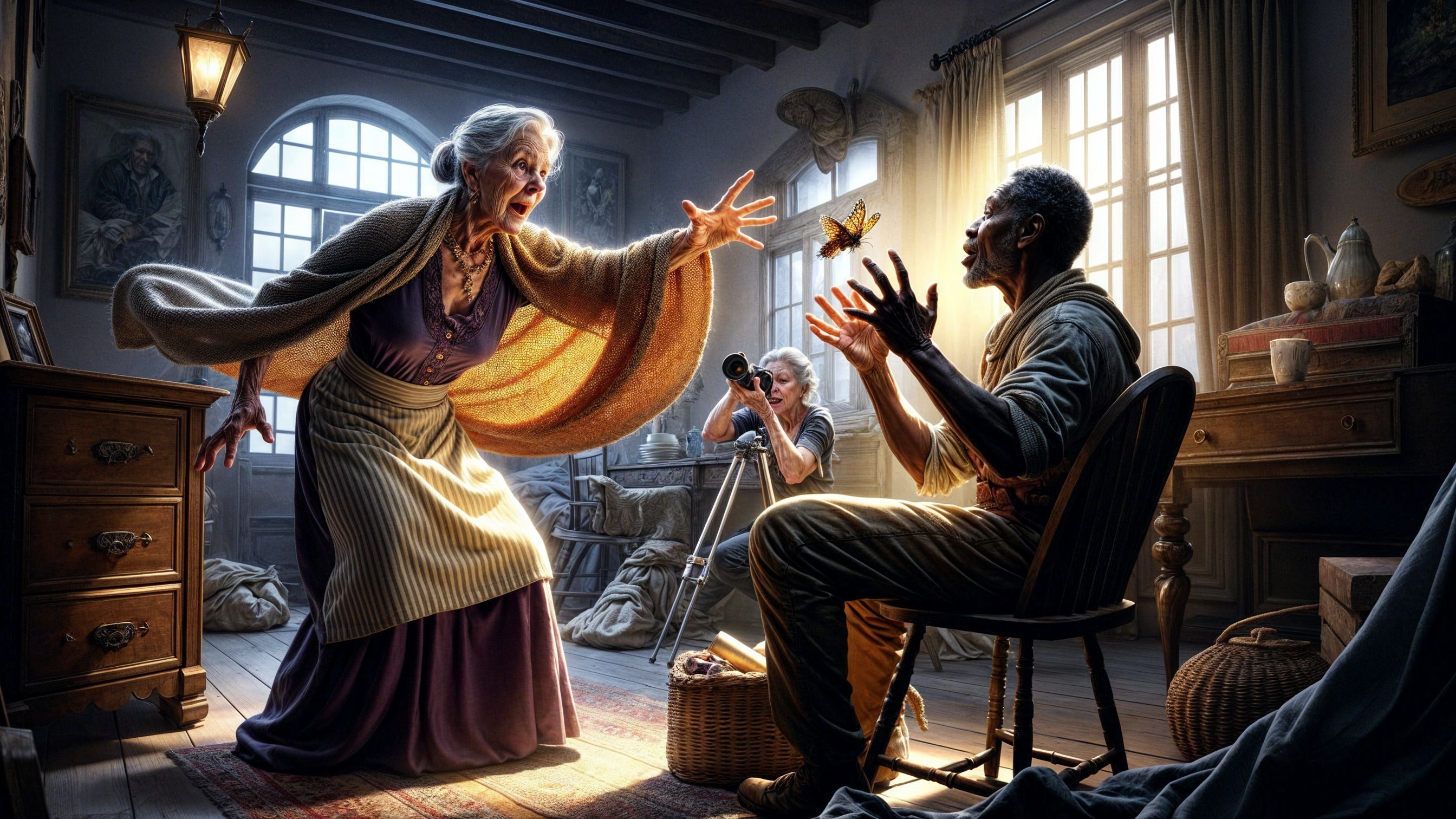 Elderly Woman Gestures to Man with Butterfly in Room