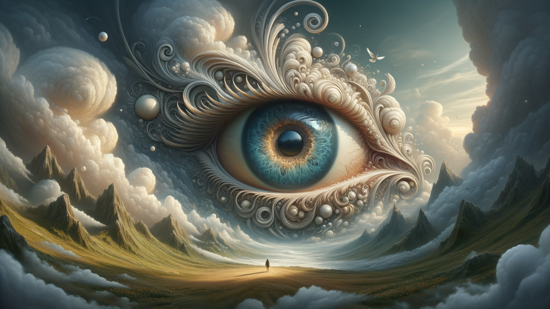 Surreal Landscape with Giant Eye Above Mountains