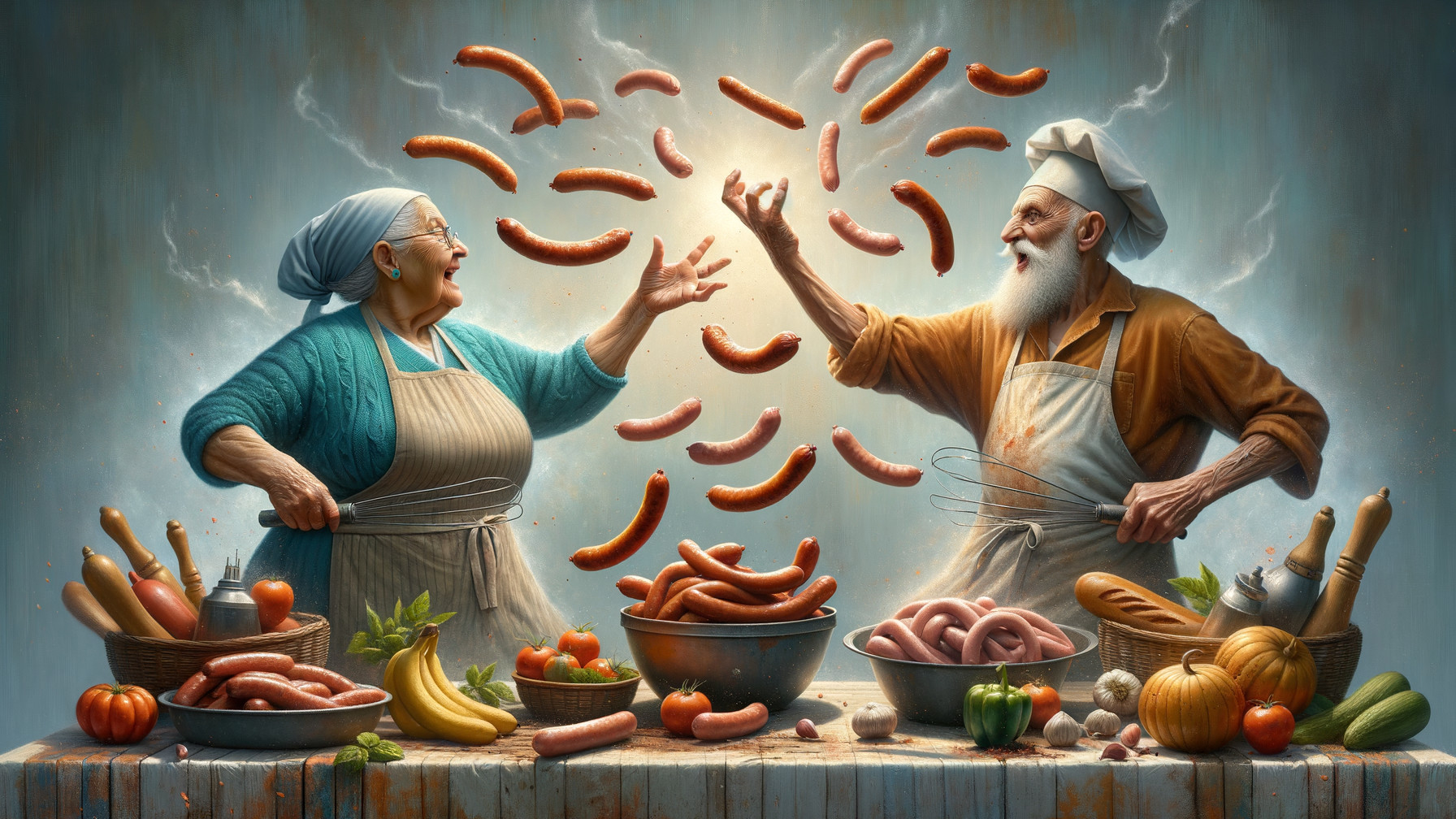 Elderly Couple Joyfully Cooking in a Vibrant Kitchen