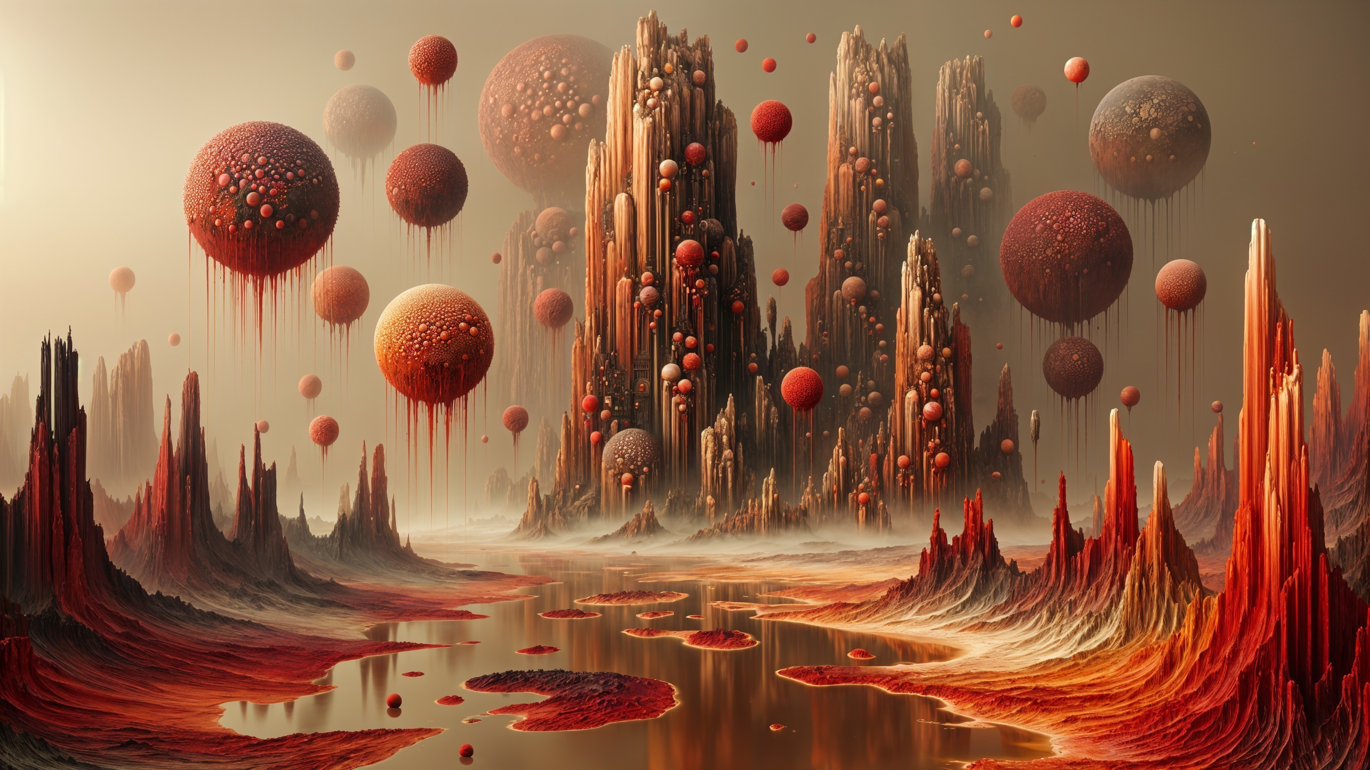 Surreal Alien Landscape with Rock Formations and Orbs
