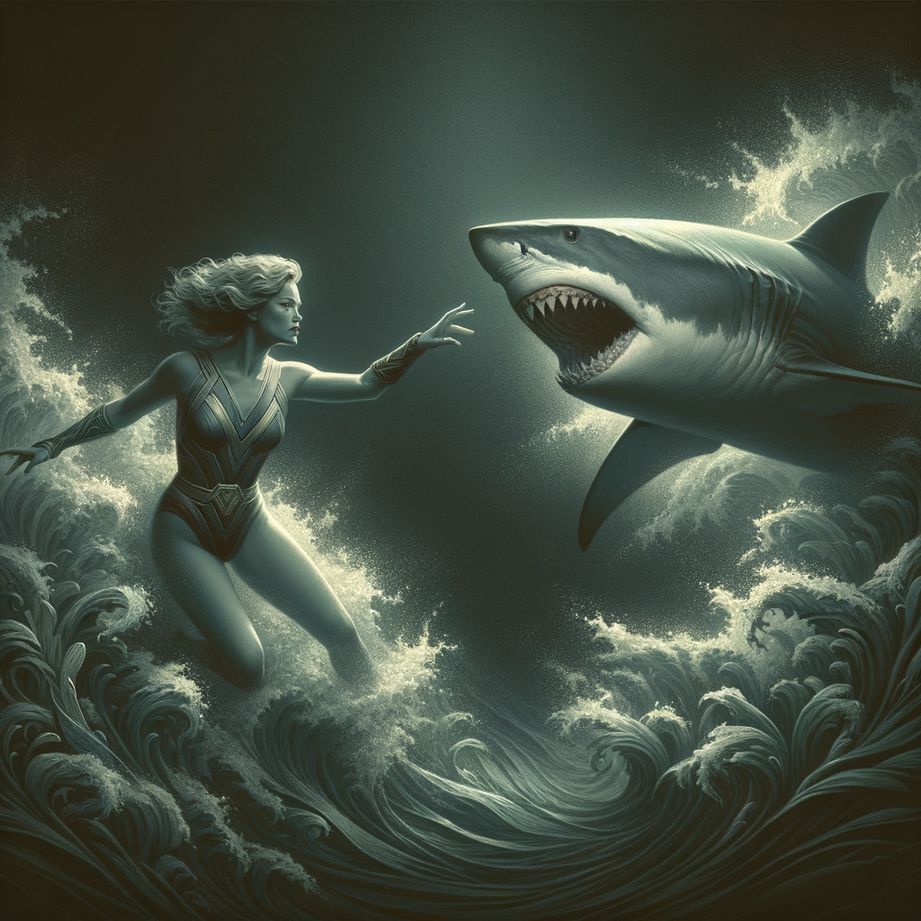 Female figure in golden outfit facing a shark in waves