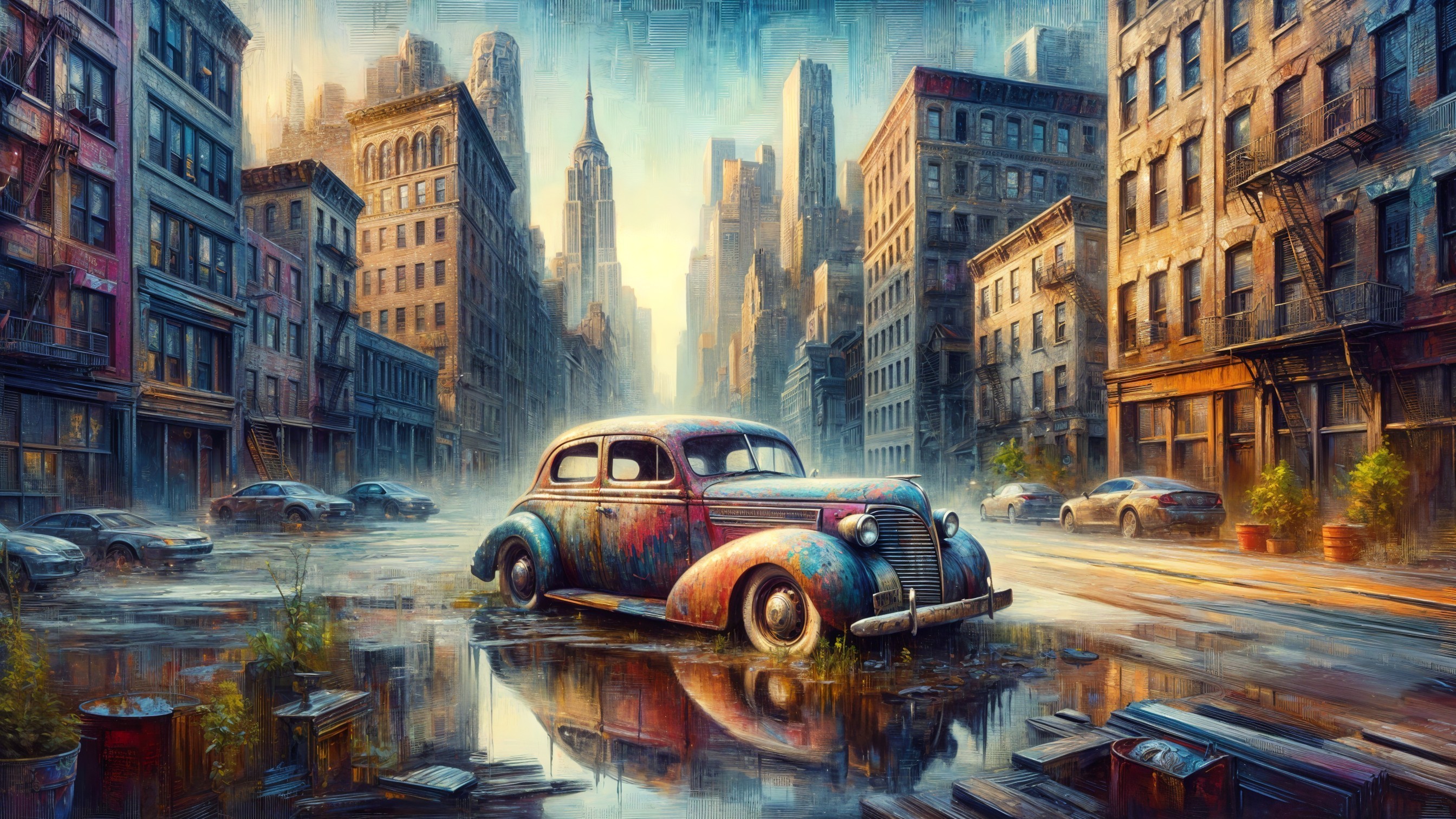 Surreal Cityscape with Abandoned Classic Car