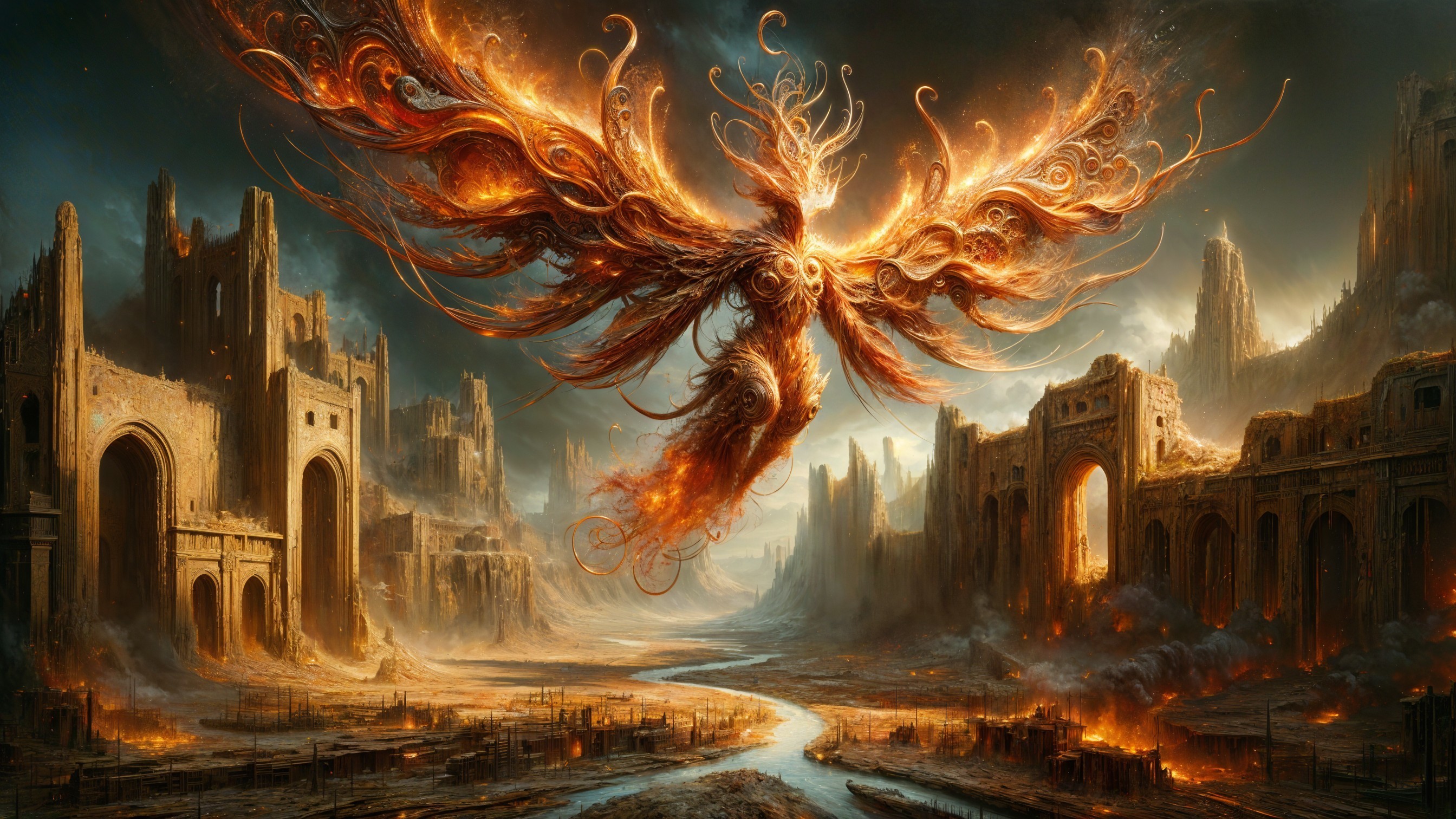 Phoenix Rising from Ashes in a Ruined Landscape