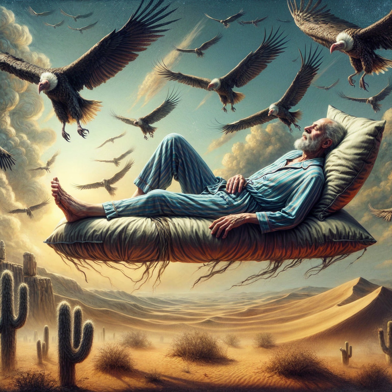 Elderly Man Floating on Pillow in Surreal Desert Scene