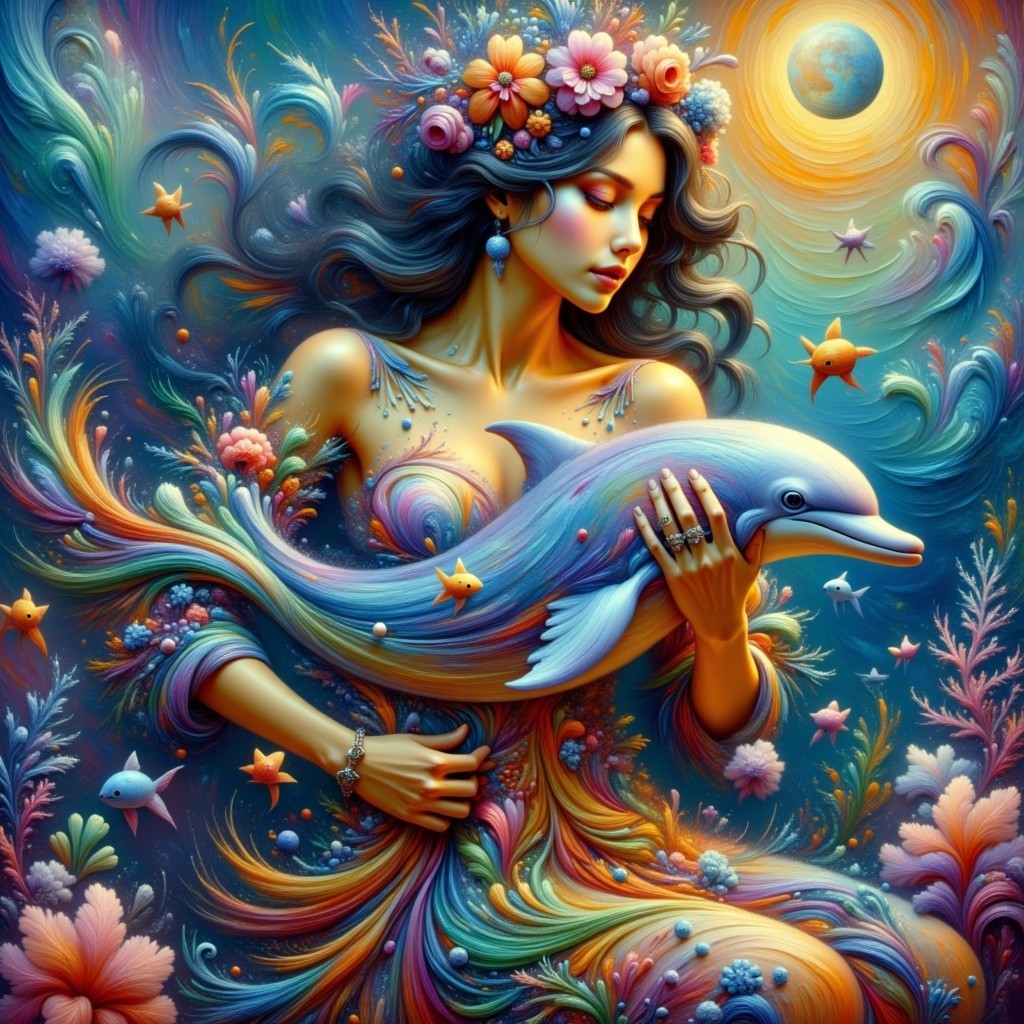 Enchanting Illustration of Woman with Dolphin and Stars
