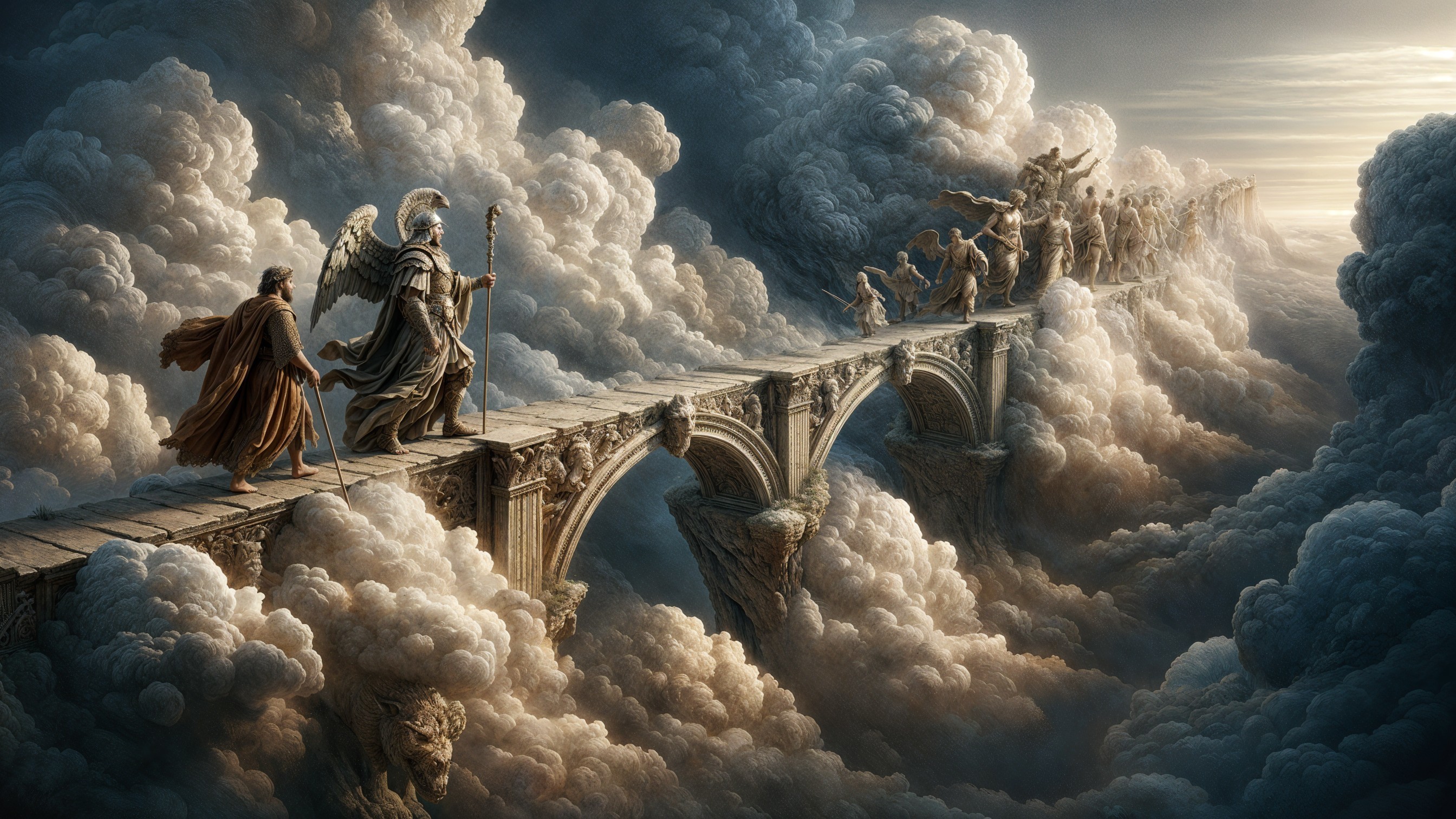 Majestic bridge in clouds with ethereal figures and light