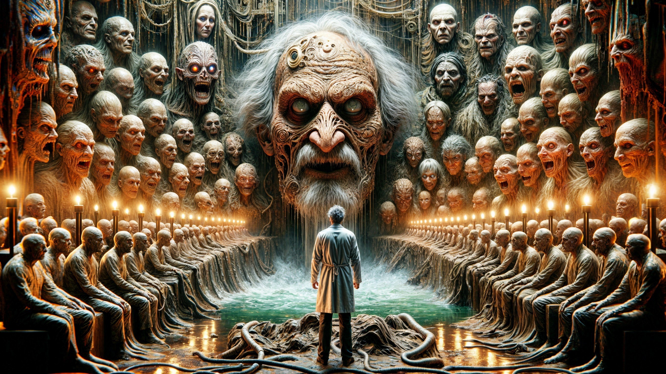 Dimly Lit Chamber with Grotesque Stone Faces