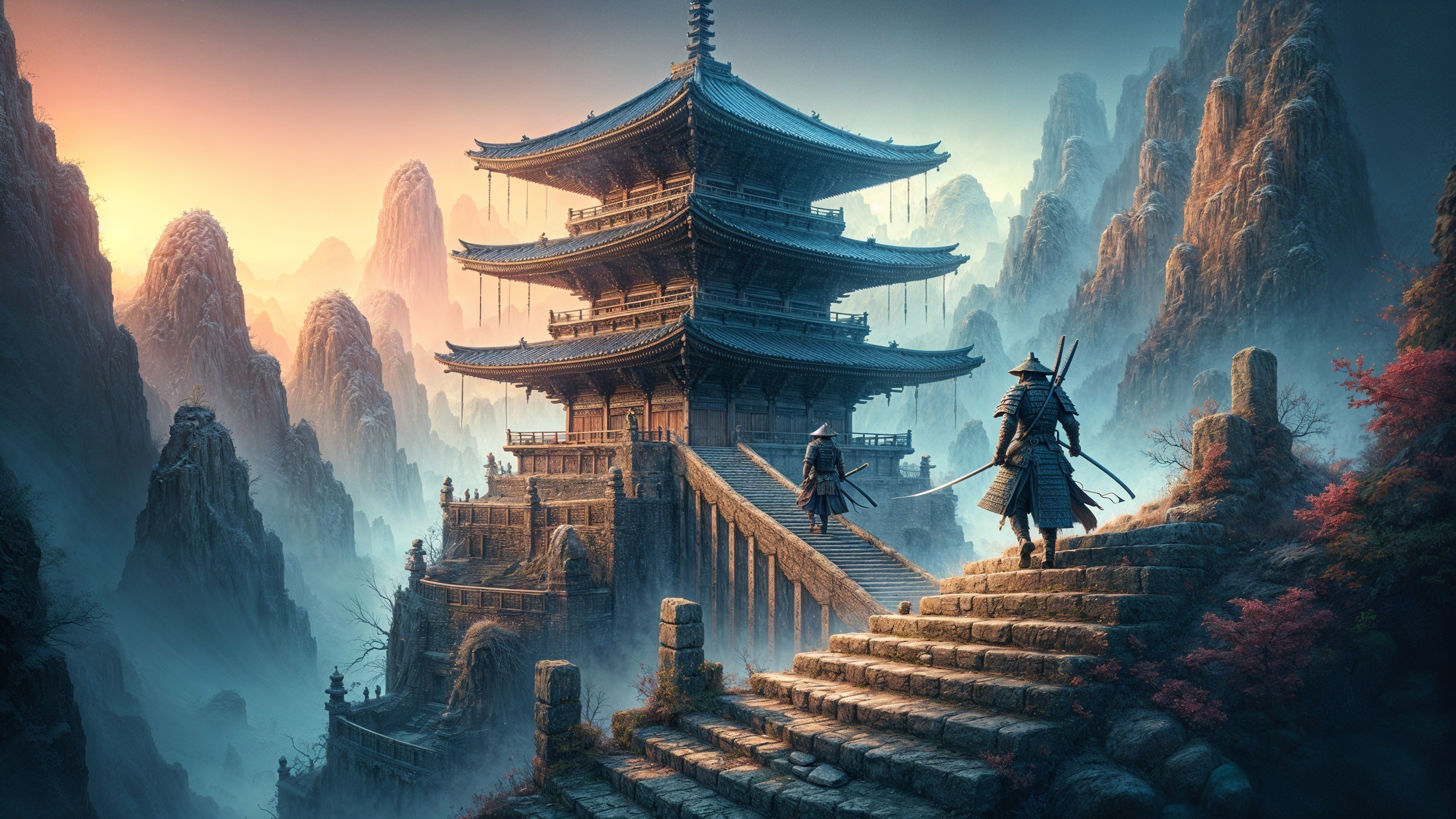 Serene Mountain Landscape with Pagoda and Autumn Foliage