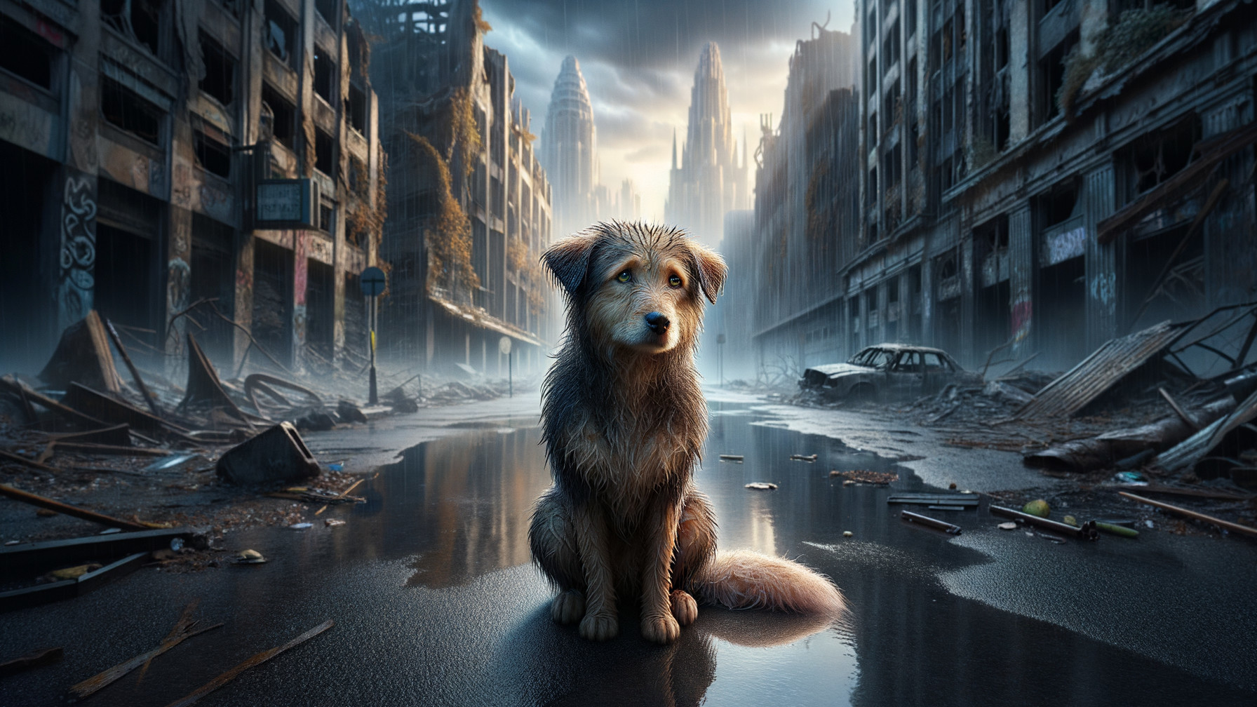 Scruffy Dog in Post-Apocalyptic Urban Landscape