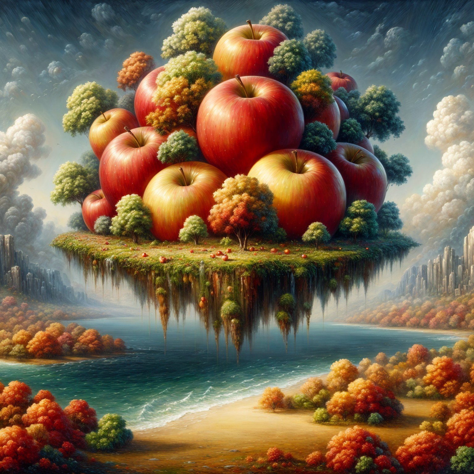 Surreal Landscape with Floating Island and Autumn Foliage