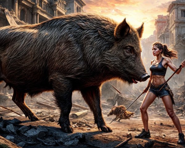 Muscular Woman Faces Wild Boar in Ruined City Sunset