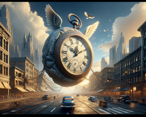 Surreal Cityscape with Floating Winged Pocket Watch