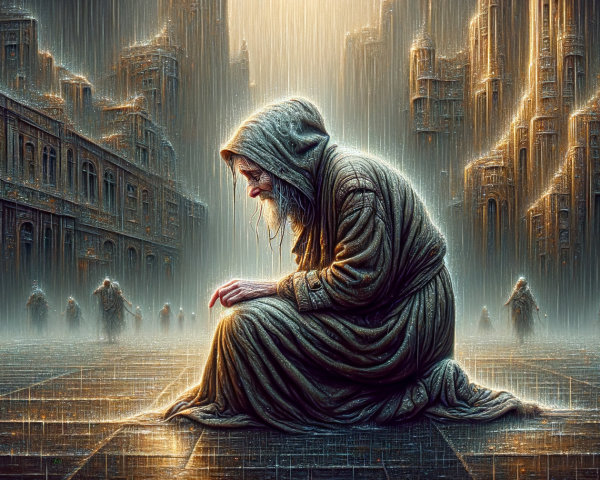 Kneeling Figure in Rainy, Melancholic Cityscape