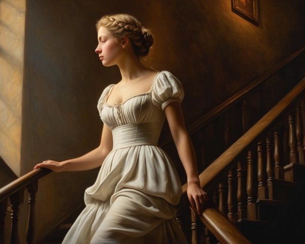 Young Woman in White Gown on Wooden Staircase