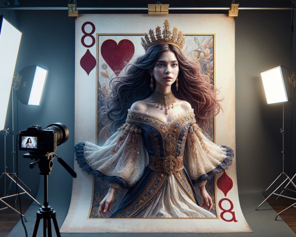 Ethereal Queen Figure with Eight of Hearts Background
