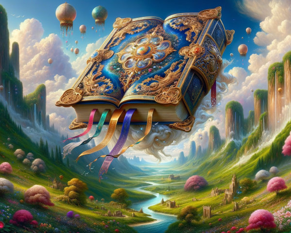 Oversized Book in a Colorful Enchanted Landscape