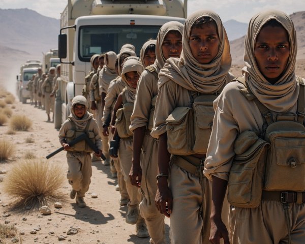Young Individuals in Military Uniforms in Dusty Landscape