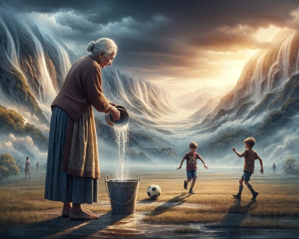 Surreal Landscape with Generational Connection and Joy