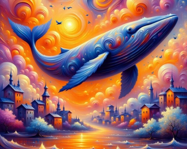 Whale in Colorful Sky Over Enchanting Cityscape