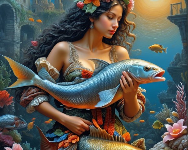 Underwater Realm with Woman and Colorful Marine Life