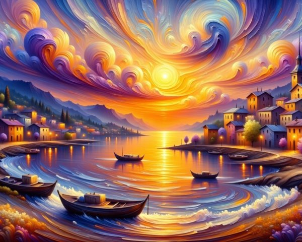 Vibrant Sunset Over a Serene Lakeside Village
