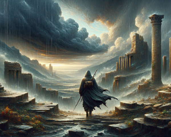 Lone Cloaked Figure on Ancient Steps in Desolate Landscape