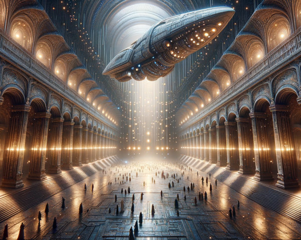 Futuristic hall with spacecraft and illuminated archways