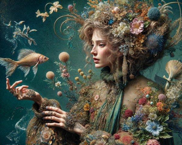 Ethereal figure surrounded by flowers and foliage