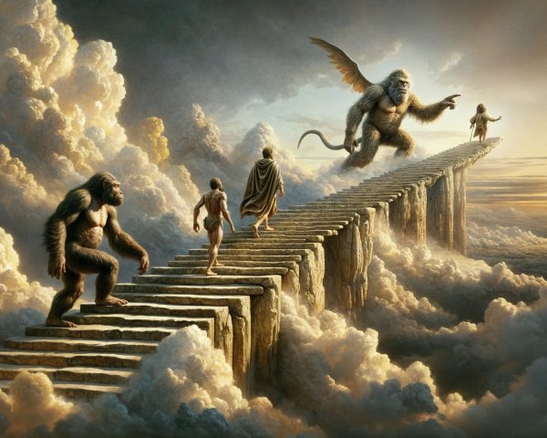 Surreal Staircase Scene with Figures and Winged Creature