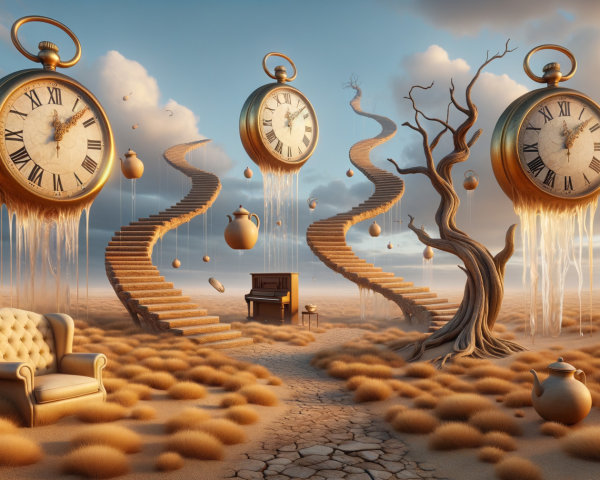 Surreal Landscape with Melting Clocks and Staircases