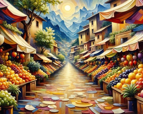 Vibrant Marketplace with Colorful Stalls and Mountains