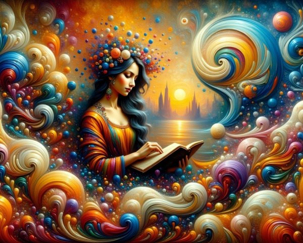 Serene Woman Reading Amidst Vibrant Sunset Landscape