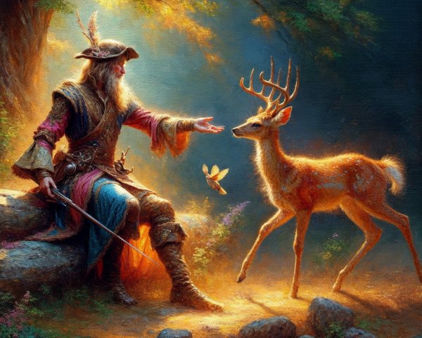 Magical Forest Scene with Wise Figure and Deer