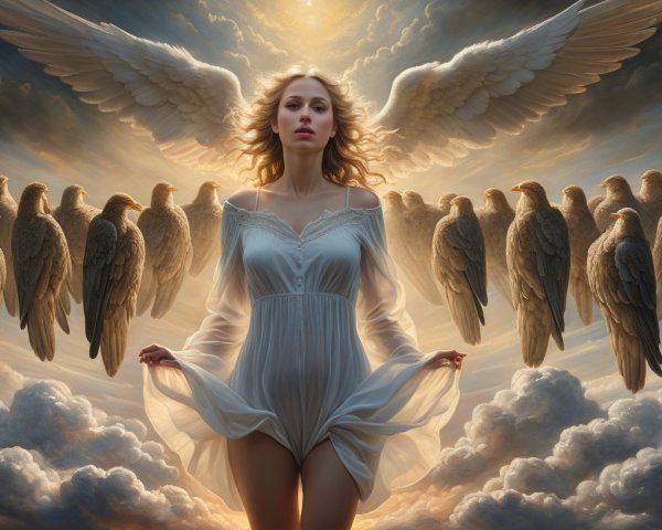 Woman in White Dress with Wings and Birds in Sky
