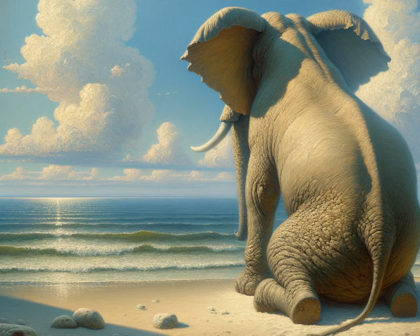 Elephant on Sandy Beach with Tranquil Ocean View