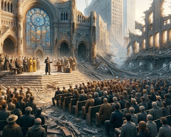Gathering in a Ruined Cathedral Amidst Skyscrapers