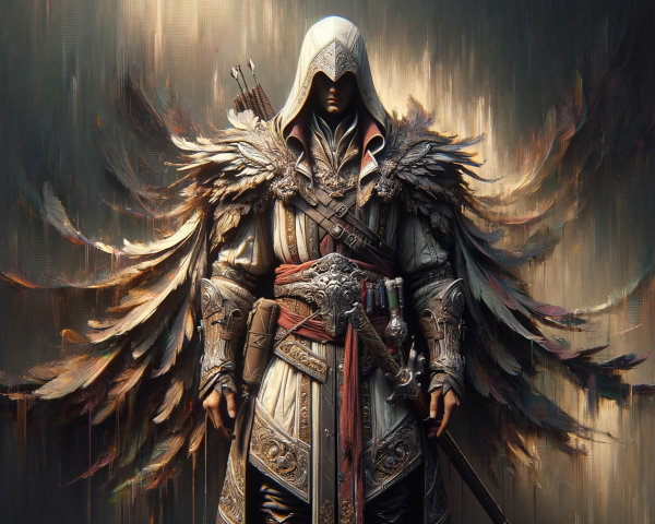 Mysterious Figure in Hooded Robe with Feathers