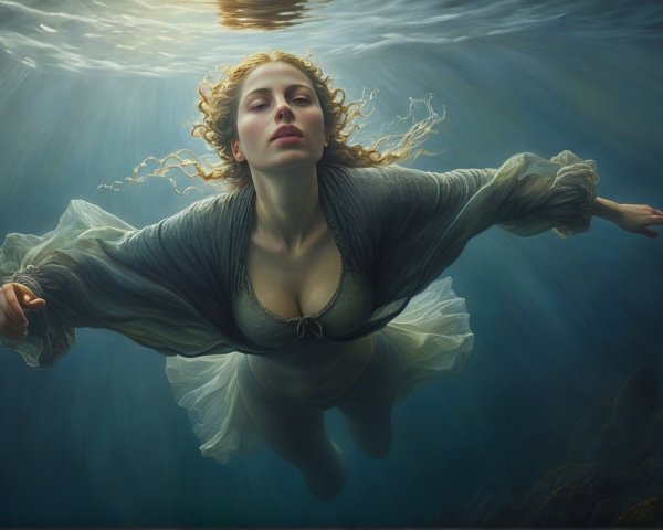Photorealistic depiction of a woman swimming underwater