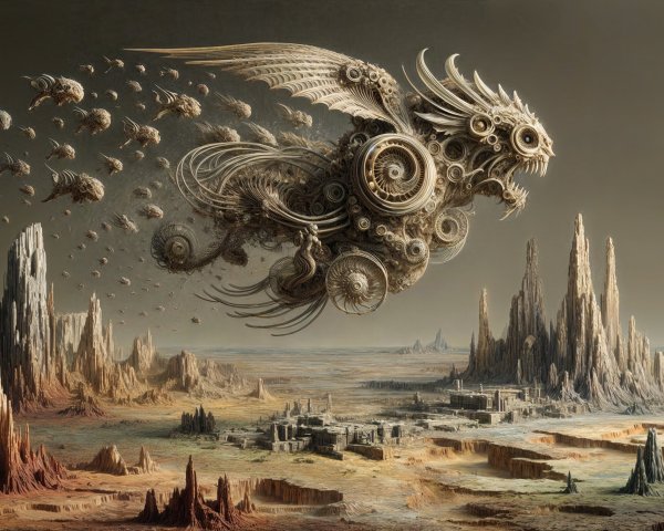 Surreal landscape with mechanical dragon and fish