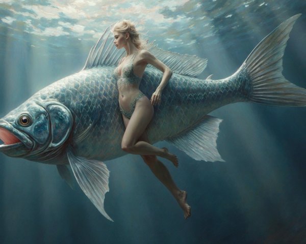 Whimsical Underwater Scene with Woman and Giant Fish