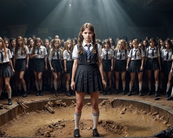 Girl in School Uniform Surrounded by Watchful Peers