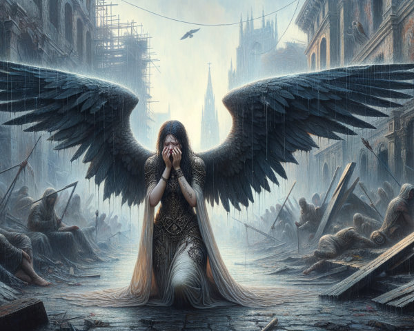 Digital painting of an angelic figure in a war-torn city