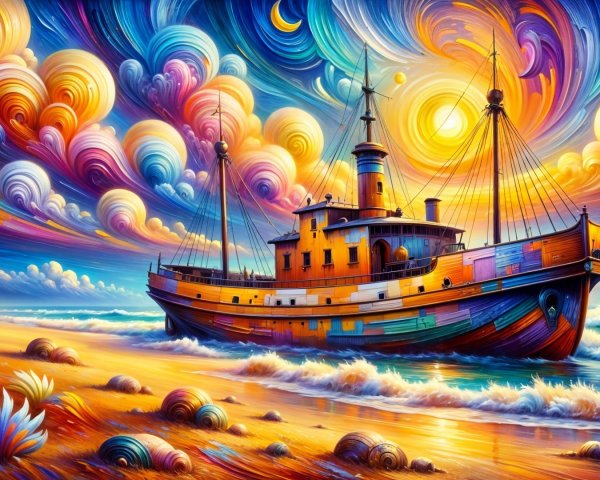 Surreal Tugboat on Sandy Beach with Vibrant Sky