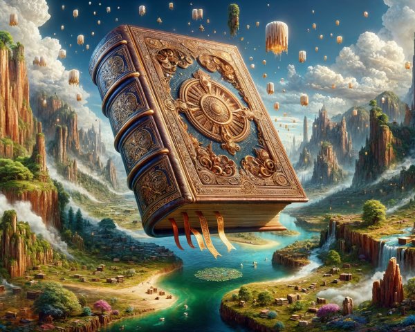 Majestic Book Above Serene Landscape with Lanterns