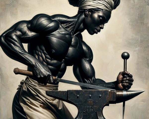 Muscular Figure Forging Metal at Anvil Scene