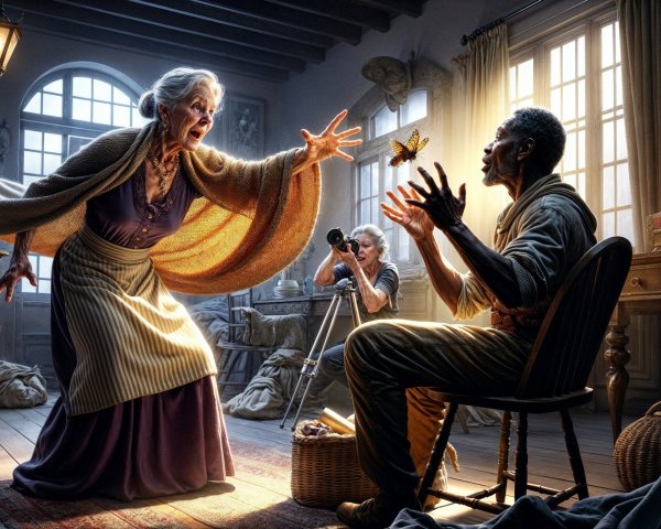 Elderly Woman Gestures to Man with Butterfly in Room